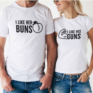 Комплект две Тениски за двойки I like her BUNS / I like his GUNS
